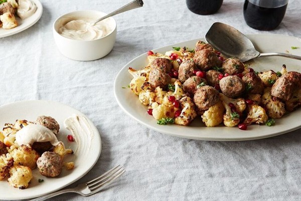 Sheet pan lamb meatballs with cauliflower and tahini-yogurt sauce