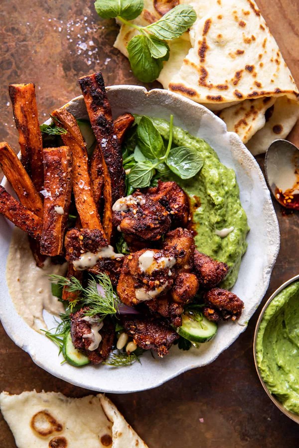 Sheet pan lemon chicken with sweet potatoes and avocado goddess sauce (+ garlic tahini sauce)