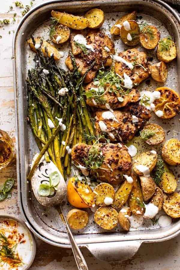 Sheet pan lemon rosemary Dijon chicken with feta goddess sauce