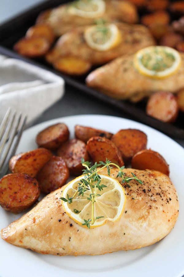 Sheet pan lemon thyme chicken with smoked paprika potatoes