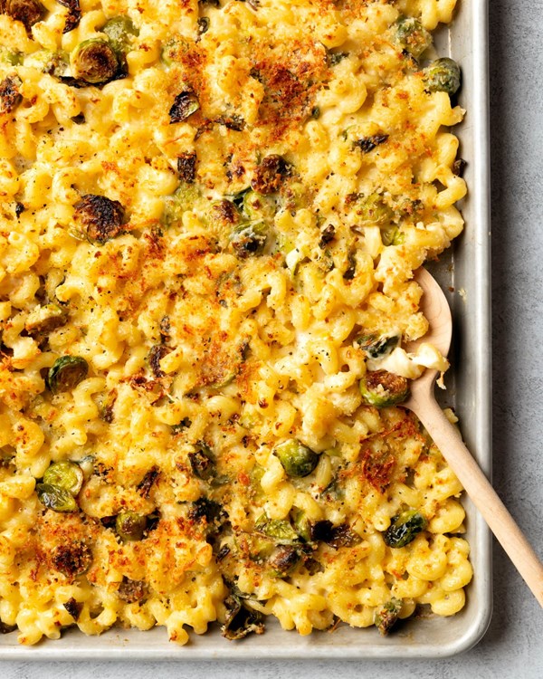 Sheet pan mac and cheese with Brussels sprouts