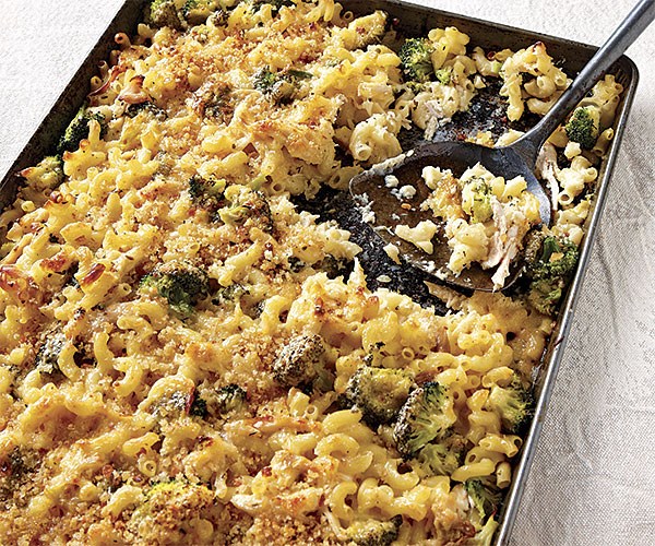 Sheet-pan macaroni and cheese with roasted chicken and broccoli