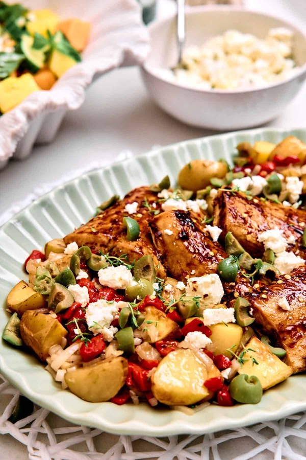 Sheet pan mahi mahi & potatoes with feta olive dressing