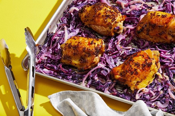 Sheet pan maple-mustard chicken thighs and red cabbage