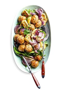 Sheet-pan meatballs with red onions and artichokes
