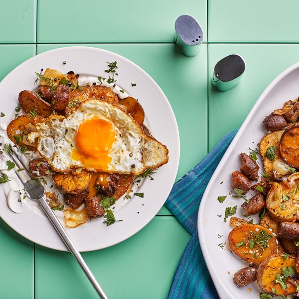 Sheet-pan merguez hash with fried eggs