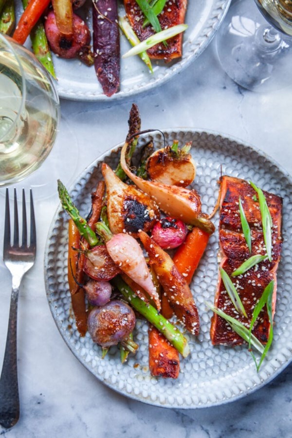 Sheet pan miso-glazed salmon with spring vegetables 