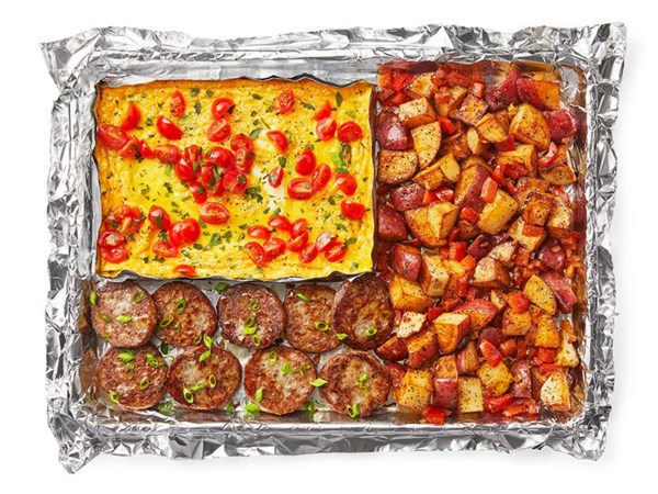 Sheet-pan omelet with sausage and hash browns 