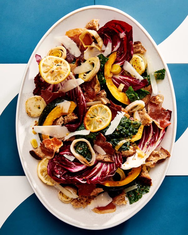 Sheet pan panzanella with squash and prosciutto