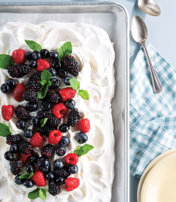Sheet pan Pavlova with lavender berries