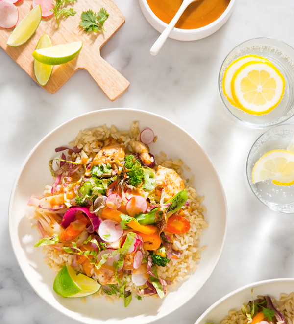Sheet pan peanut chicken and vegetable bowls