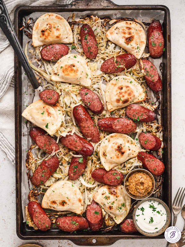 Sheet pan pierogi and sausage