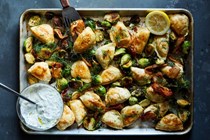 Sheet-pan pierogies with Brussels sprouts and kimchi