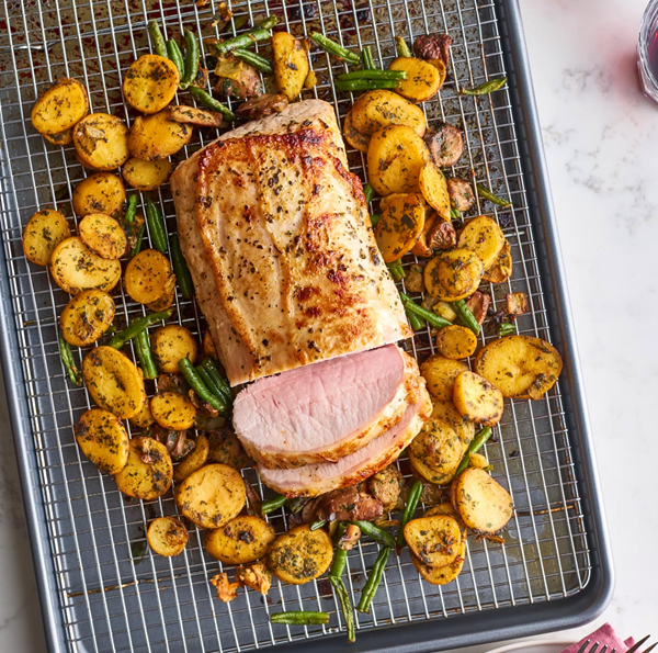 Sheet pan pork loin with herb potatoes and vegetables