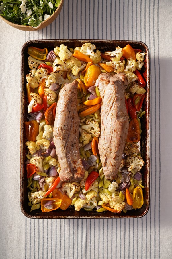 Sheet pan pork tenderloin with roasted giardiniera vegetables