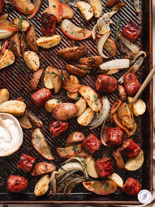 Sheet pan potato, apple, and sausage