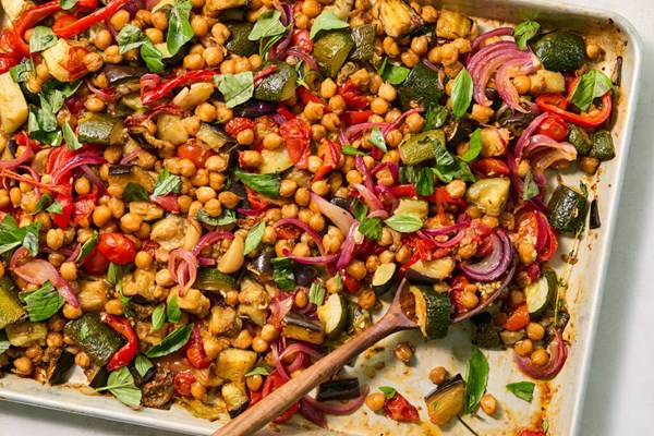 Sheet-pan ratatouille with crispy chickpeas 