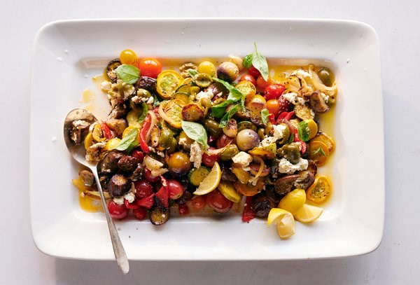 Sheet-pan ratatouille with goat cheese and olives