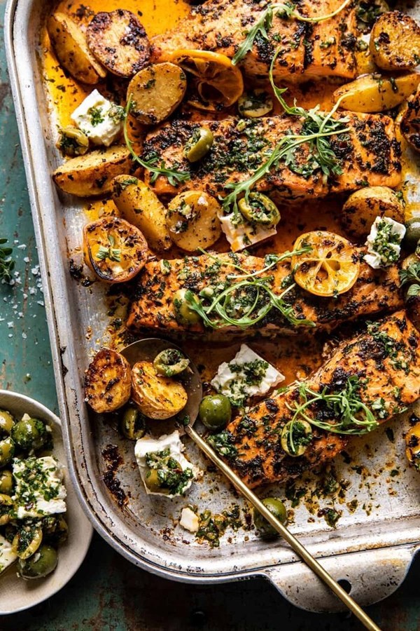 Sheet pan roasted lemon garlic butter salmon with feta and olives