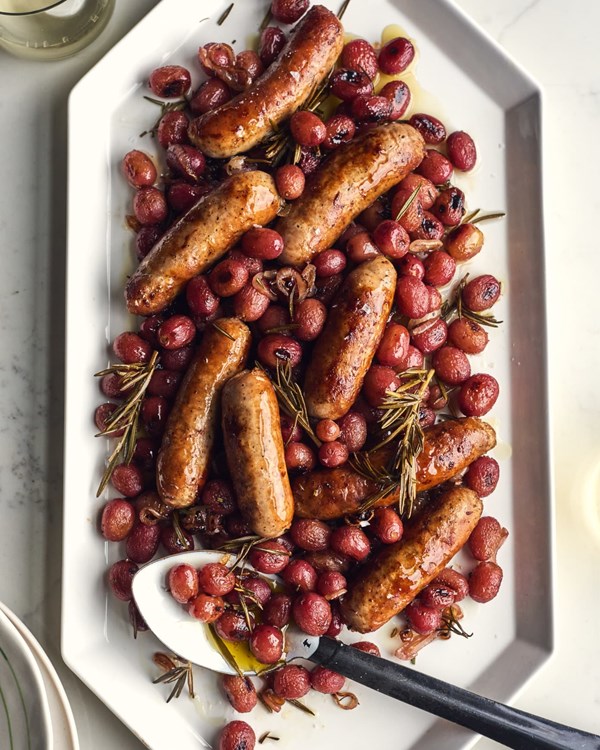 Sheet pan roasted sausage and grapes