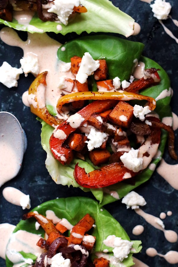 Sheet pan roasted vegetable fajita lettuce wraps with chipotle crema