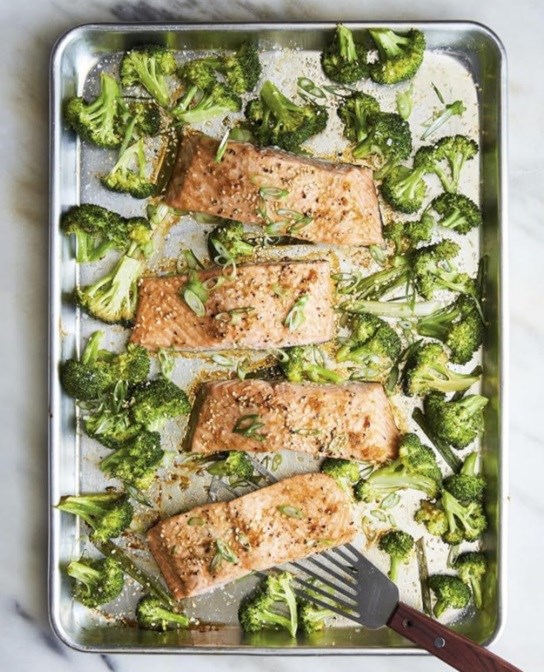 Sheet-pan salmon and broccoli with sesame and ginger [Lidey Heuck]