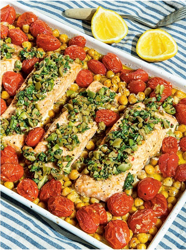 Sheet-pan salmon with chickpeas & basil-olive salsa