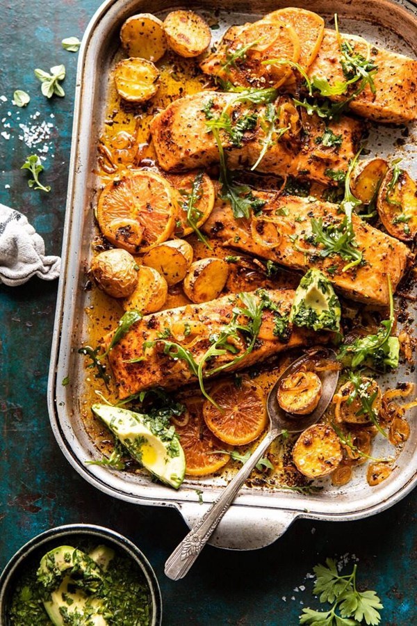 Sheet pan salmon with citrus avocado salsa and potatoes