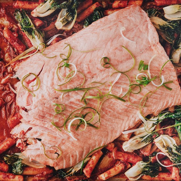 Sheet-pan salmon with rice cakes and kimchi