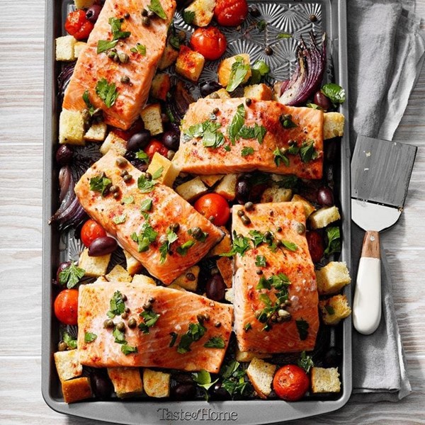 Sheet-pan salmon with simple bread salad