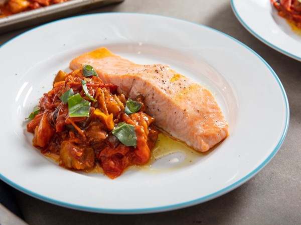 Sheet-pan salmon with tomato-eggplant compote