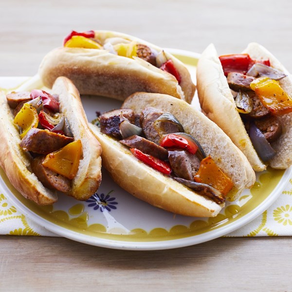 Sheet-pan sausage and pepper hoagies