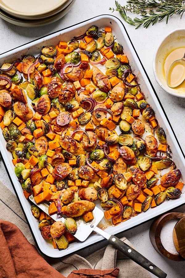 Sheet pan sausage and veggies with maple Dijon sauce