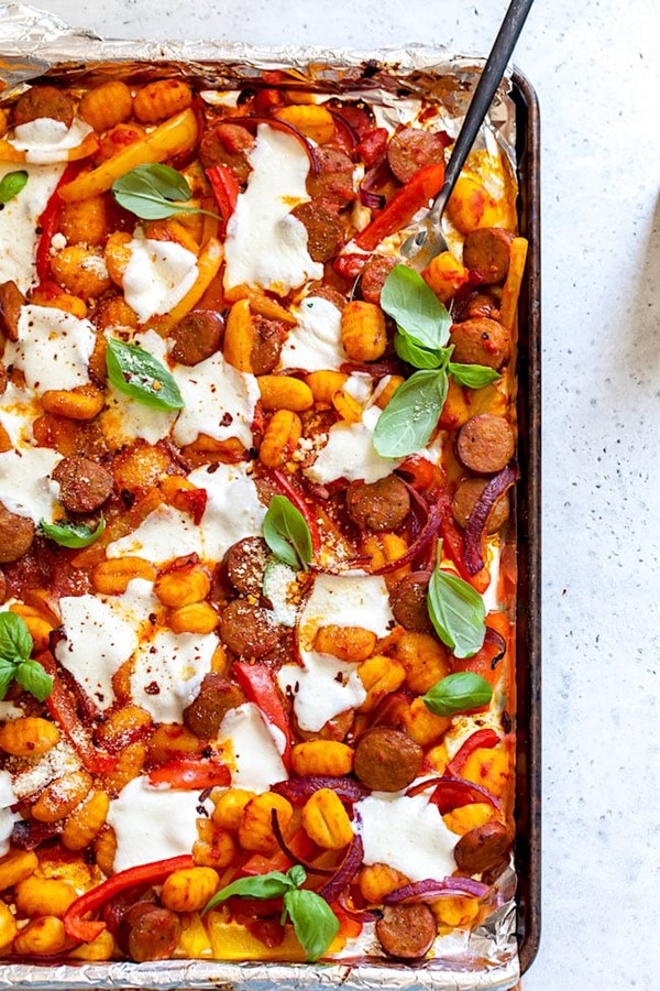 Sheet pan sausage gnocchi