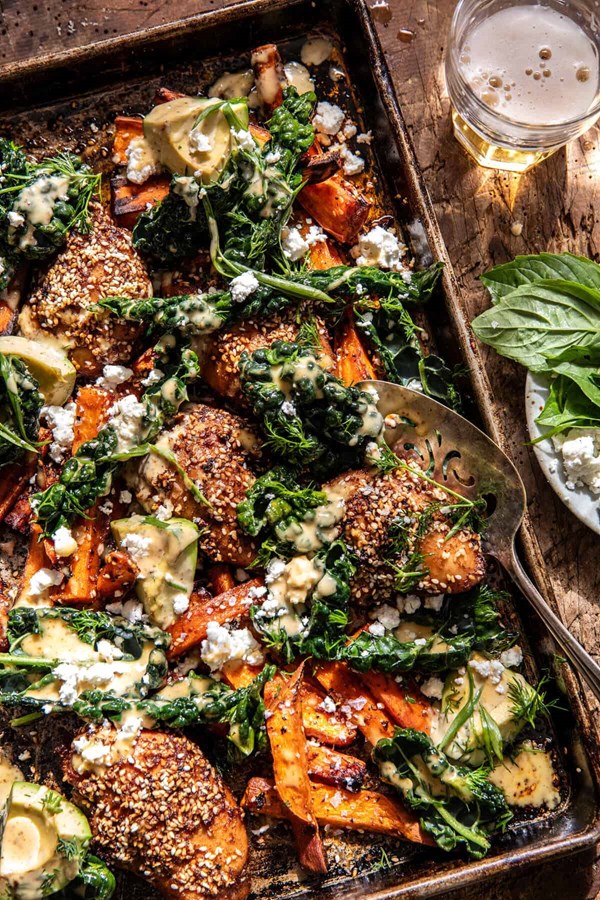 Sheet pan sesame feta chicken and sweet potatoes