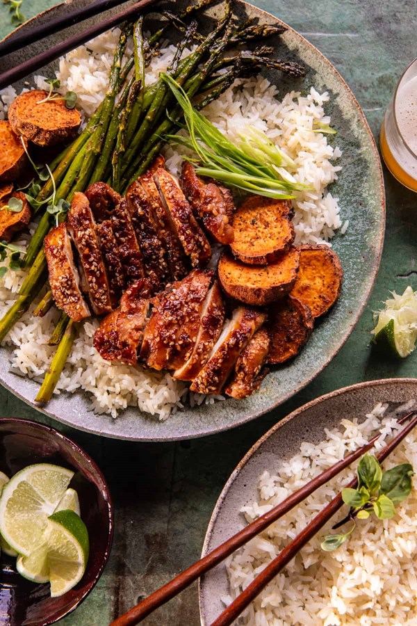Sheet pan sesame miso chicken and sweet potatoes [coconut rice]