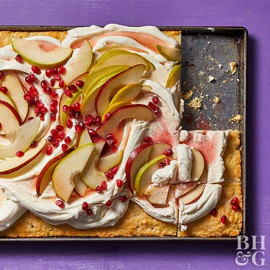 Sheet-pan shortcake with mascarpone cream and pears