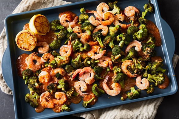 Sheet-pan shrimp & broccoli with cocktail-sauce sauce