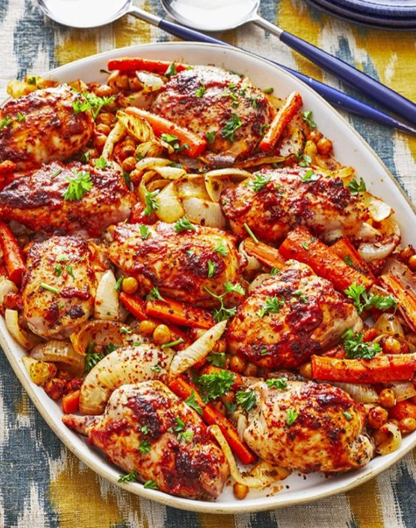 Sheet-pan smoky chicken, chickpeas, and carrots