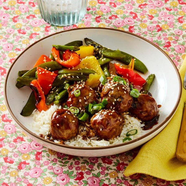 Sheet-pan soy-ginger pork meatballs with roasted veggies