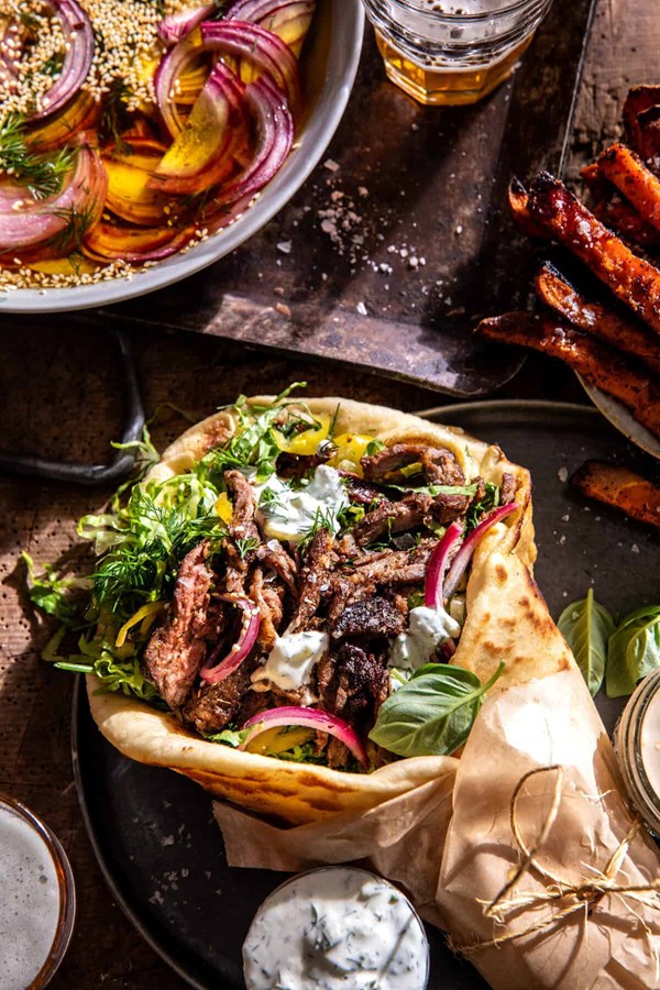Sheet pan steak gyros with feta tzatziki sauce