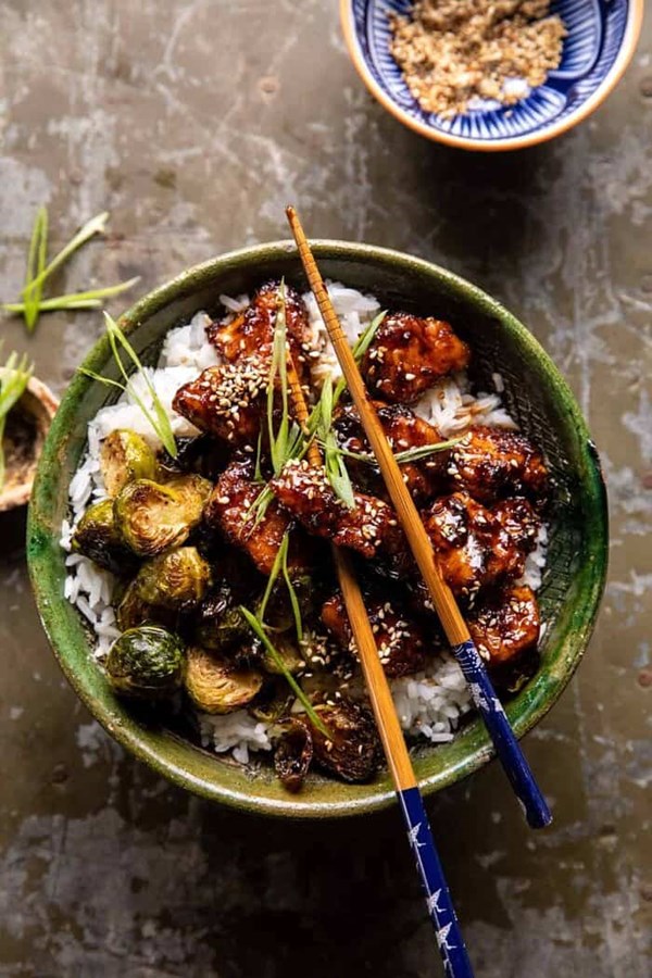 Sheet pan sticky ginger sesame chicken and crispy Brussels sprouts