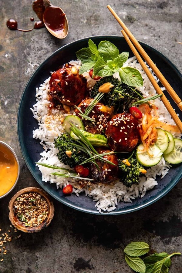 Sheet pan sticky gochujang chicken meatballs