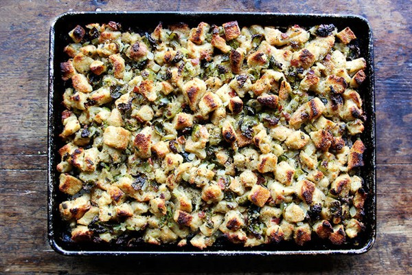 Sheet pan stuffing with Brussels Sprouts and pancetta