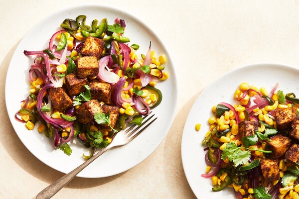 Sheet-pan tofu with corn and chiles