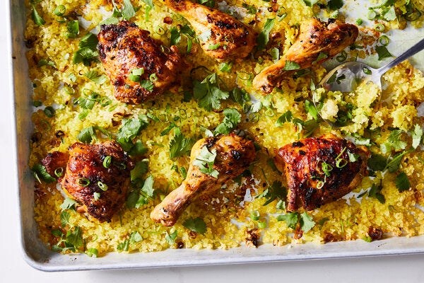 Sheet-pan turmeric chicken and crispy rice