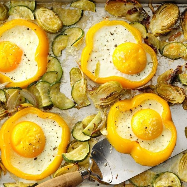 Sheet-pan yellow bells & eggs