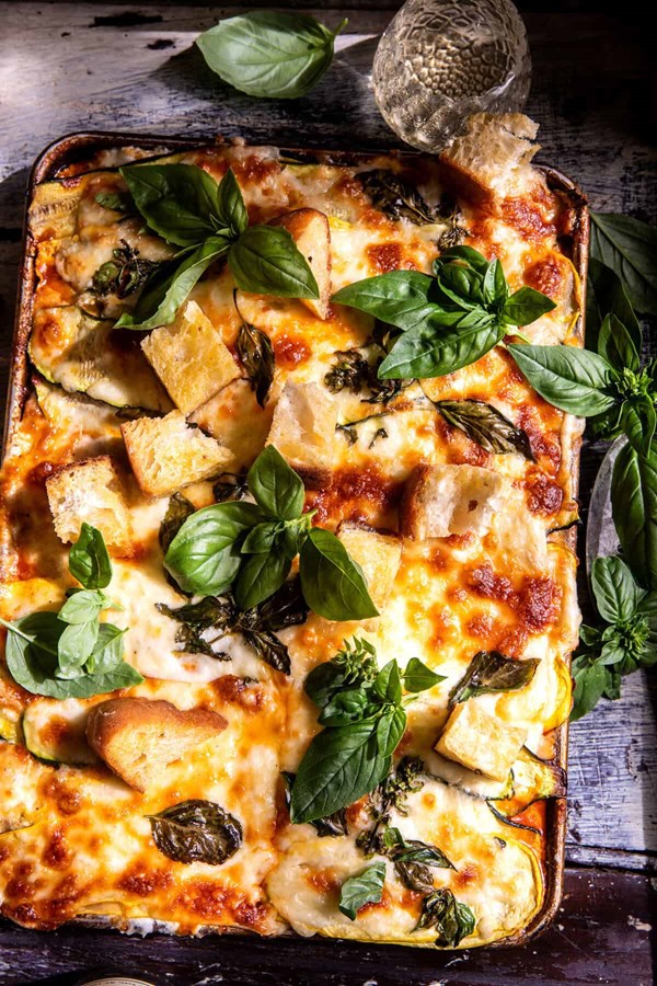 Sheet pan zucchini lasagna with garlic butter croutons
