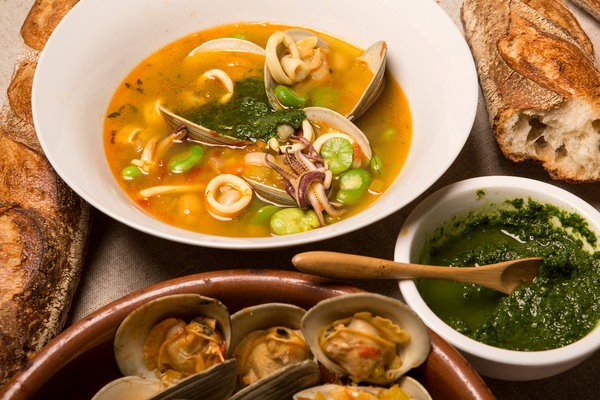 Shellfish minestrone with basil pesto