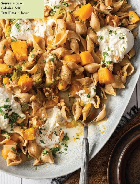 Shells with butternut squash, leeks, and burrata